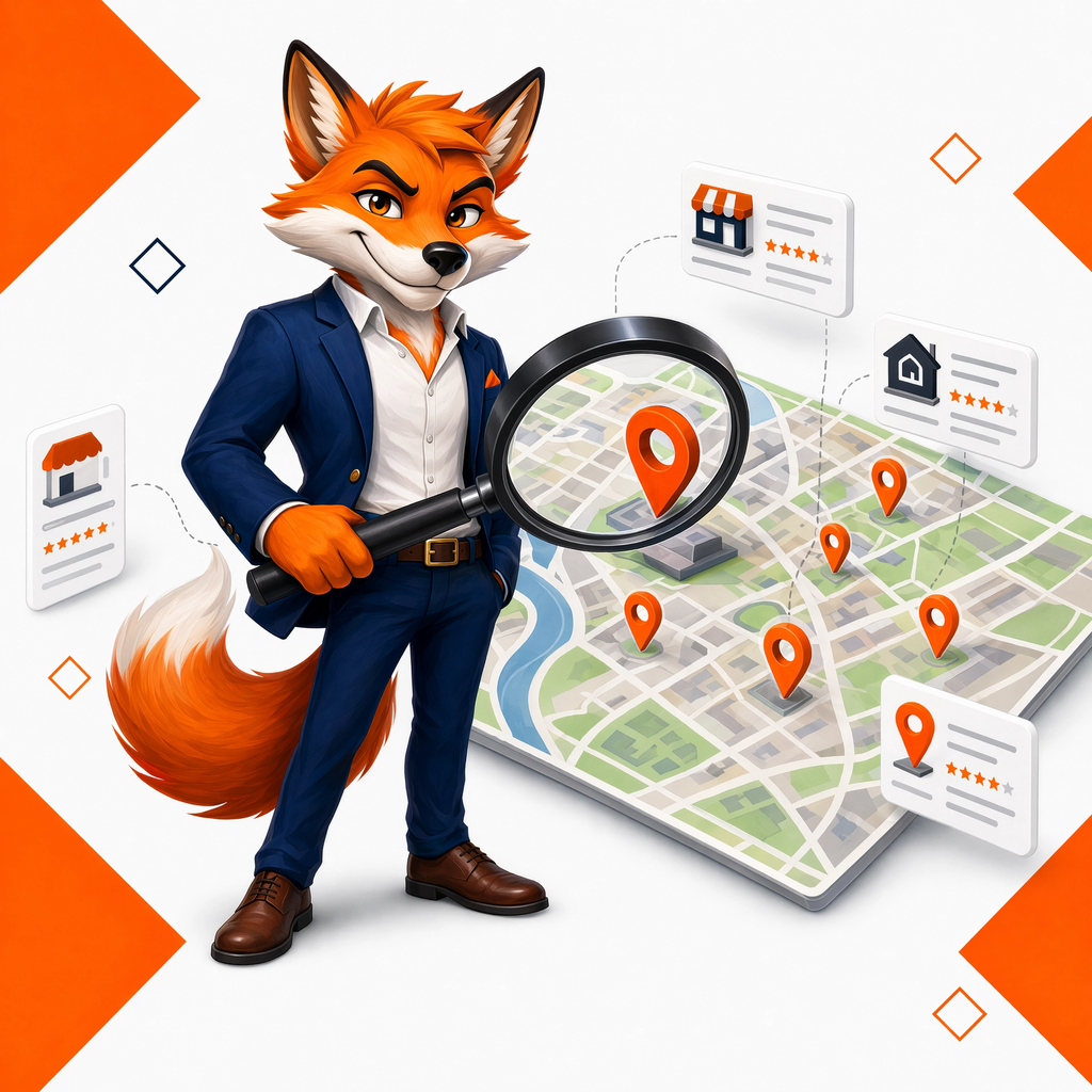 Sitesy fox with magnifying glass over local map — SEO